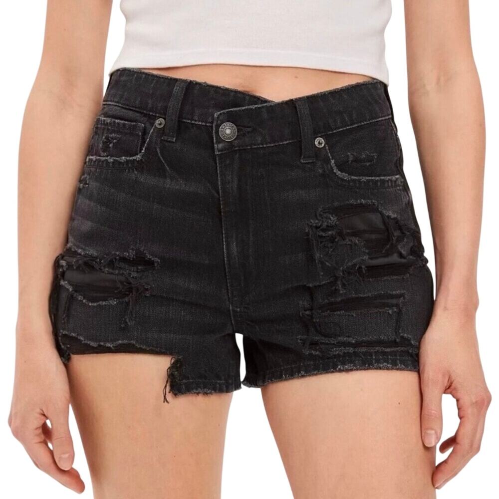 AEO american eagle outfitters black distressed cuttof Jean shorts, crossover, 00
